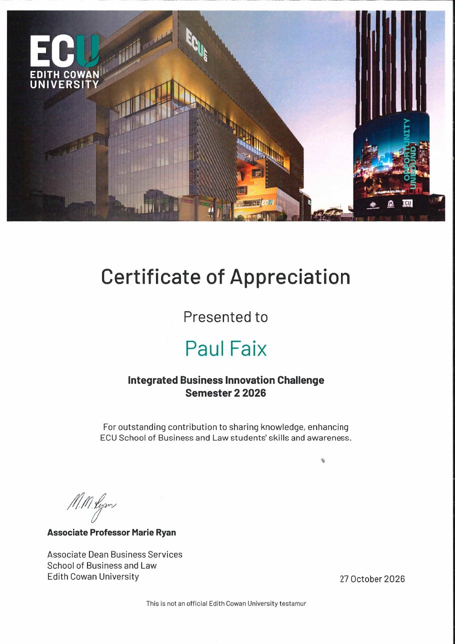 ECU Certificate of Appreciation presented to Paul Faix, Integrated Business Innovation Challenge, Semester 2 2026